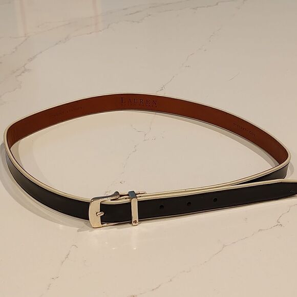 Lauren Ralph Lauren Leather Belt in Black and White Solid Brass Buckle Size L - Picture 1 of 11
